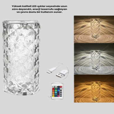 Kristal Tasarımlı RGB LED Gece Lambası – Kumandalı Renk Değiştiren Dekoratif Işık