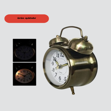Nostaljik Büyük Boy Metal Masa Saati Bronz Kaplama ve Yüksek Sesli Alarm