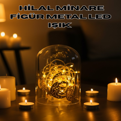 Ramazan Minare Detaylı Hilal LED Işık Günışığı Sarı Metal Süs