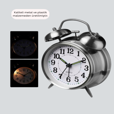 Alarmlı Dekoratif Yuvarlak Masa Saati Gümüş Renk Sessiz ve Işıklı