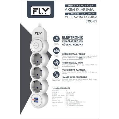 FLY 3393-01 3 Soket 2 USB Akım Korumalı Priz 2.1A Anahtarlı 2Mt Kablo (Beyaz)(1923)
