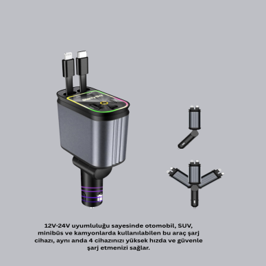 Araç Şarj Adaptörü 66W PD QC Hızlı Şarjlı ve Çekilebilir Kablolu