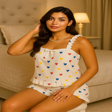 Kalp Baskılı Yumuşak Dokulu İp Askılı Şortlu Örme Pijama Takımı-(17952)