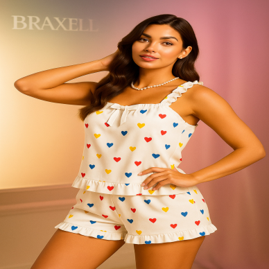 Kalp Baskılı Yumuşak Dokulu İp Askılı Şortlu Örme Pijama Takımı-(17952)