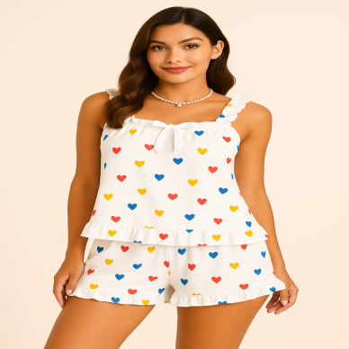 Kalp Baskılı Yumuşak Dokulu İp Askılı Şortlu Örme Pijama Takımı-(17952)