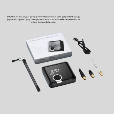 6000mAh Bataryalı Type-C Şarjlı Mini Hava Kompresörü LED Işıklı