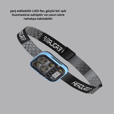 Üç Renkli LED Kafa Feneri 53 Mod Güç Göstergeli Type C Şarjlı