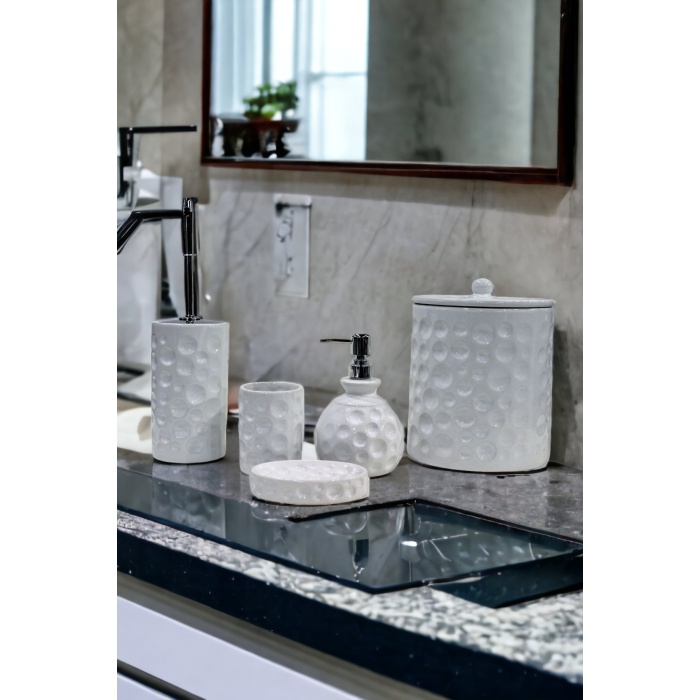 Puantiyeli 5 li Granit  Lüks Banyo Seti Beyaz