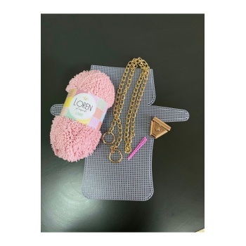 Pembe Kuzu İp - Çanta Örgü Kiti, 33x18 Kanvas, Çanta Zinciri, Çanta Kilidi