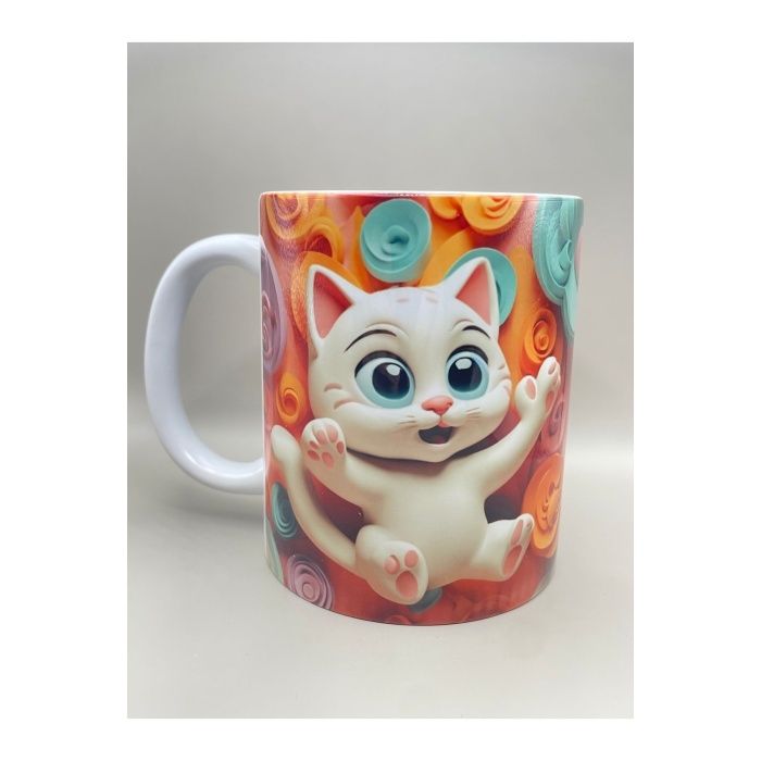 Mutlu Kedi Temalı 3d Porselen Kupa Bardak, Sevimli Kedili Kupa Bardak, Çocuk Bardağı