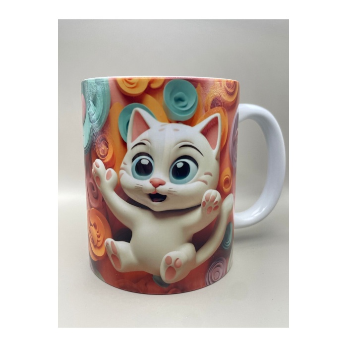 Mutlu Kedi Temalı 3d Porselen Kupa Bardak, Sevimli Kedili Kupa Bardak, Çocuk Bardağı
