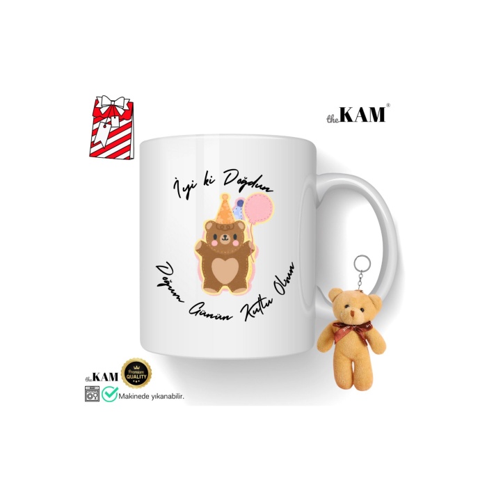 İyi Ki Doğdun Temalı Kupa Bardak Ve Ayıcık Teddy Anahtarlık (ÇANTA CHARMI)