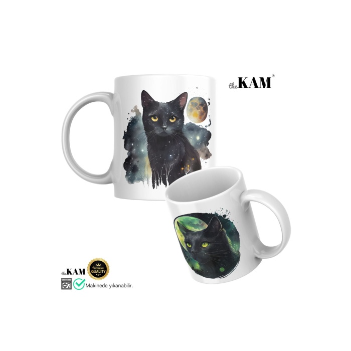 Kara Kedi Ay Kupa Bardak A Kalite (KEDİ BASKILI KUPA BARDAK) Kedili Kupa Bardak