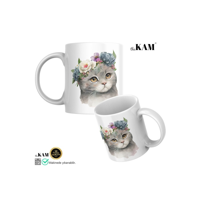 Mavi Çiçek Taçlı Kedili Kupa Bardak A Kalite (KEDİ BASKILI KUPA BARDAK)