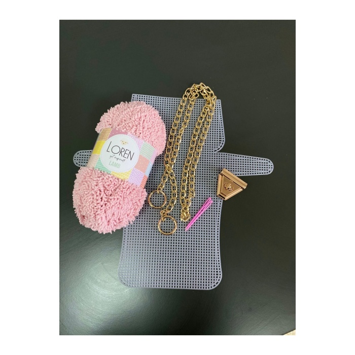 Pembe Kuzu İp - Çanta Örgü Kiti, 33x18 Kanvas, Çanta Zinciri, Çanta Kilidi