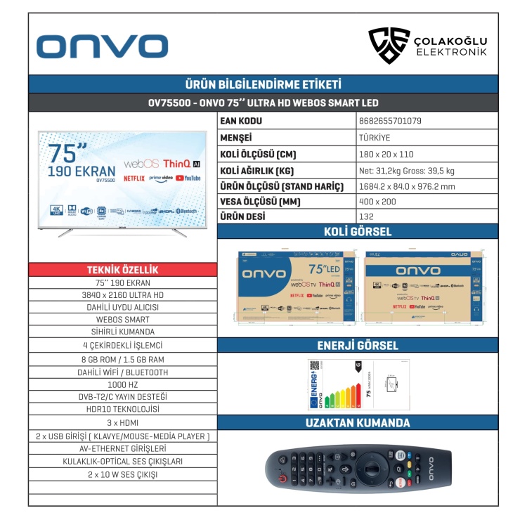Onvo OV75500 75 4K UltraHD webOS  LED TV