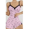 Kadın Pembe Kalp Desenli Askılı Şortlu Pijama Takım