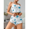 KadınBeyaz Mavi Kalp Desenli Askılı Şortlu Pijama Takım