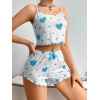 KadınBeyaz Mavi Kalp Desenli Askılı Şortlu Pijama Takım