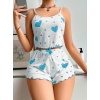 KadınBeyaz Mavi Kalp Desenli Askılı Şortlu Pijama Takım
