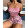 Kadın pembe çizgili desen Askılı Şortlu Pijama Takım