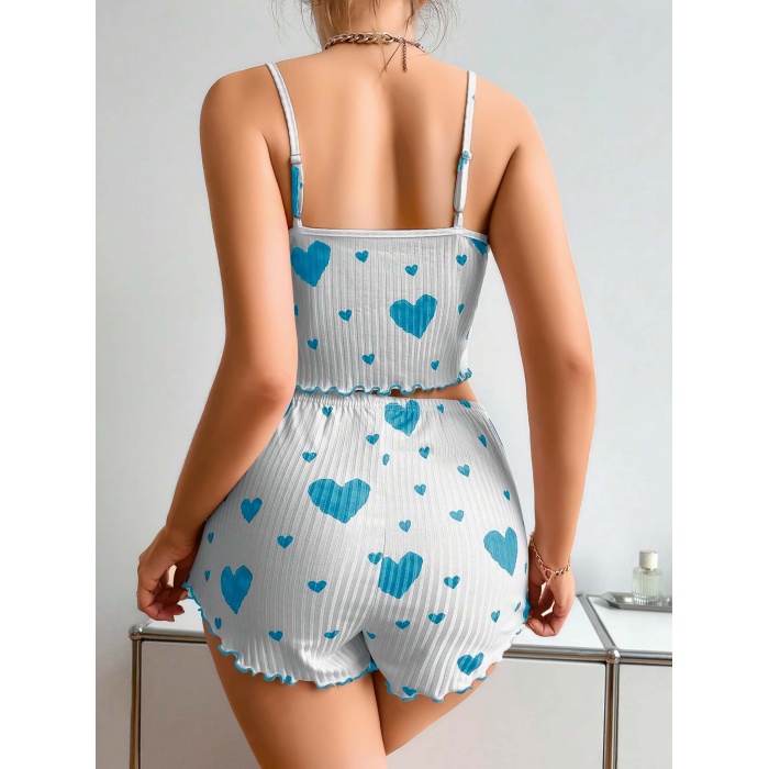 KadınBeyaz Mavi Kalp Desenli Askılı Şortlu Pijama Takım