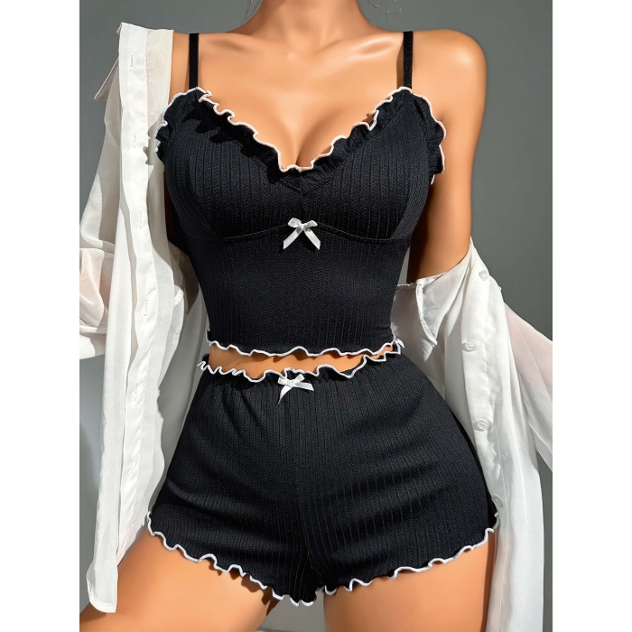 Kadın Siyah Fitilli Askılı Şortlu Pijama Takım