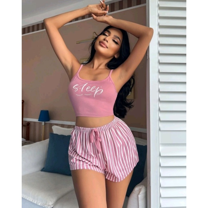 Kadın pembe çizgili desen Askılı Şortlu Pijama Takım