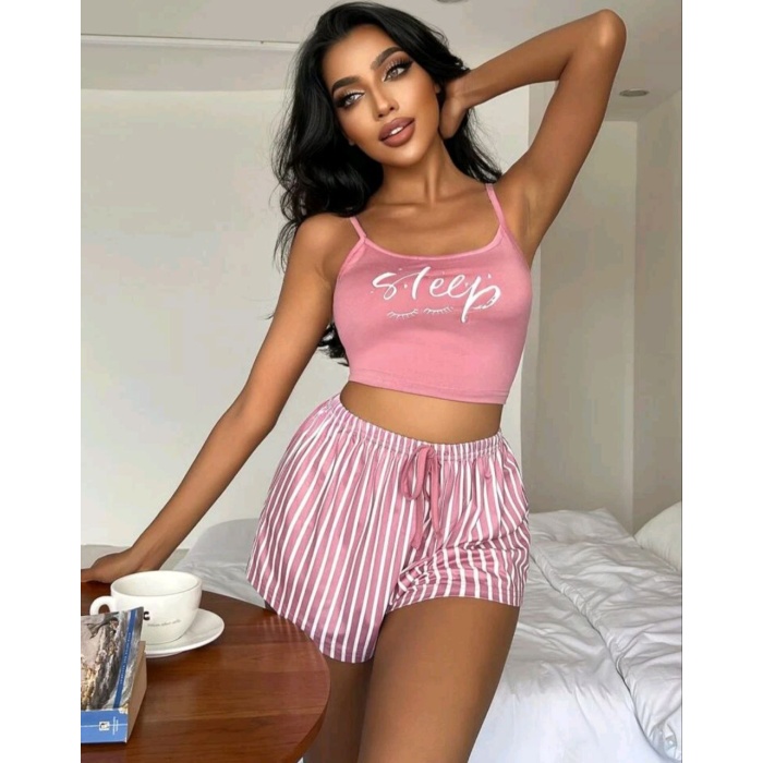 Kadın pembe çizgili desen Askılı Şortlu Pijama Takım