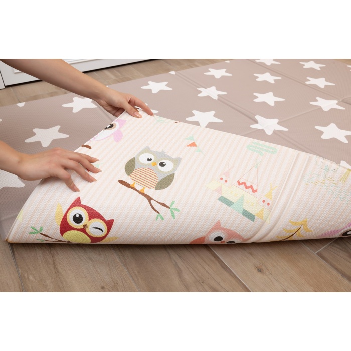 Owl Party Premium Katlamalı Bebek Oyun Matı / Halısı – 130x190 cm | 12 mm Kalınlık | Çift Taraflı, Taşınabilir, Isı ve Darbe Yalıtımlı