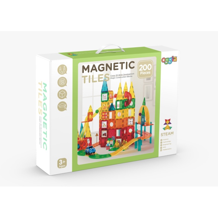 Magnetic Tiles 200 Parça Premium Manyetik Oyuncak/Bloklar Seti (Top+Araba) | Steam, Eğitici Bloklar