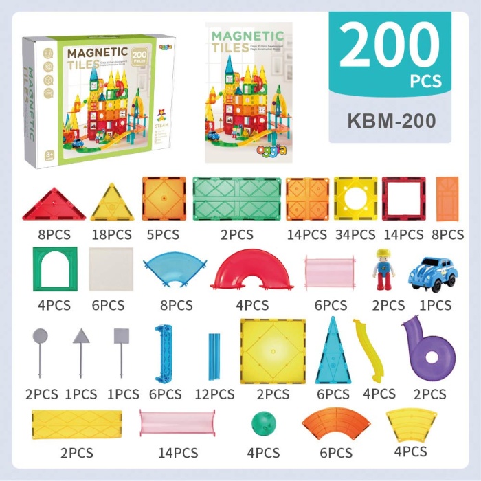 Magnetic Tiles 200 Parça Premium Manyetik Oyuncak/Bloklar Seti (Top+Araba) | Steam, Eğitici Bloklar