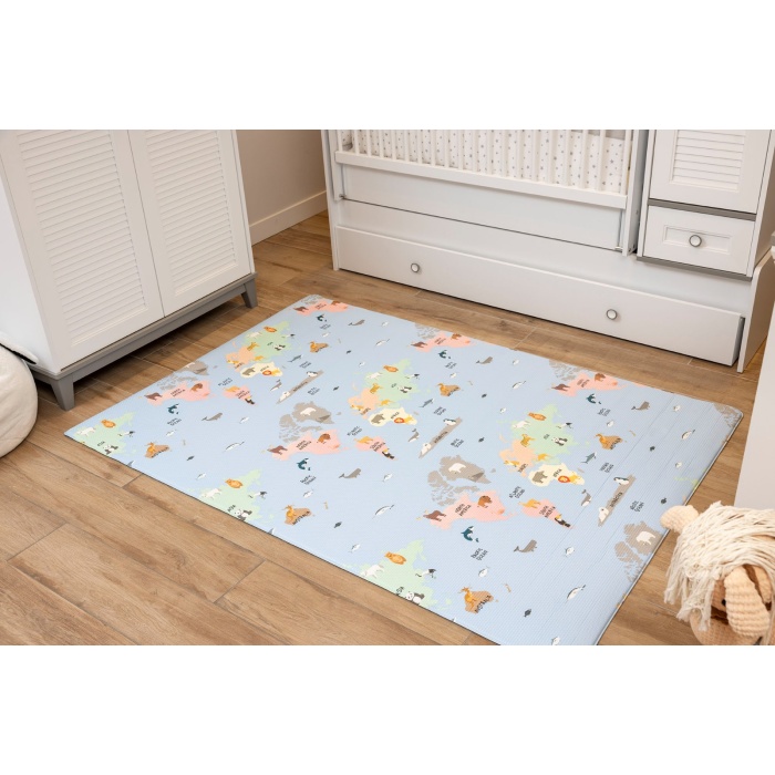 World Map Premium Bebek Oyun Matı / Halısı – 130x185 cm | 10 mm Kalınlık | Isı ve Darbe Yalıtımlı, Çift Taraflı