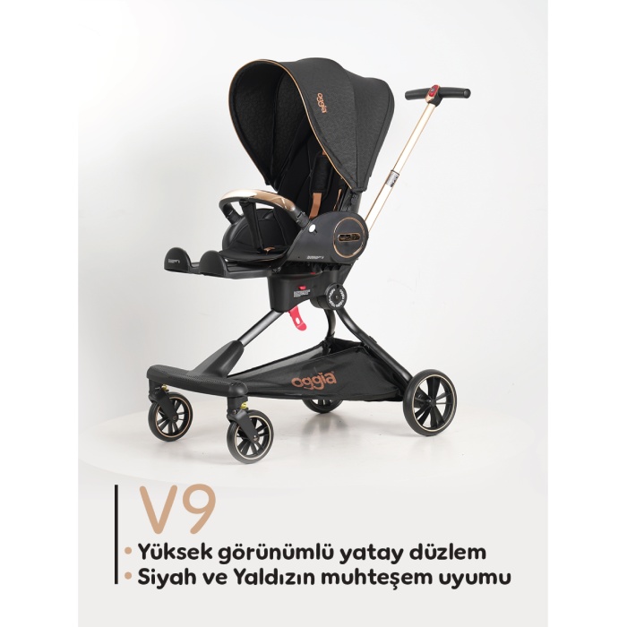 V9-Siyah Premium Bebek Arabası – Çift Yönlü, Yüksek Manzara Görünümü, 170° Yatış Açısı