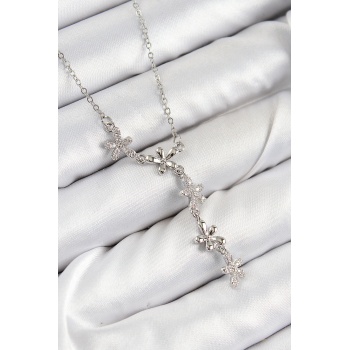 316L Çelik Zirkon Taşlı Çiçek Model Gümüş Renk Kadın Kolye - TJ-BKO10406