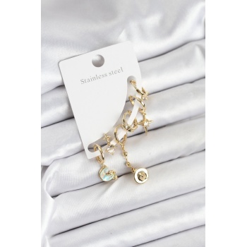 Pirinç Gold Renk Ay Model Kadın Set Küpe - TJ-BKP11219