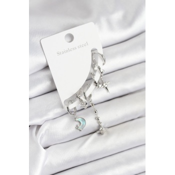 Pirinç Gümüş Renk Ay Model Kadın Set Küpe - TJ-BKP11220