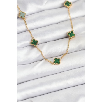 316L Çelik Zincir Gold Renk Yeşil Baby Boy Yonca Kadın Kolye - TJ-BKO10570
