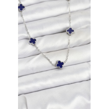 316L Çelik Zincir Gümüş Renk Lacivert Baby Boy Yonca Kadın Kolye - TJ-BKO10574