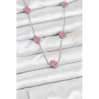 316L Çelik Zincir Gümüş Renk Pembe Baby Boy Yonca Kadın Kolye - TJ-BKO10575