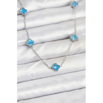 316L Çelik Zincir Gümüş Renk Buz Mavisi Baby Boy Yonca Kadın Kolye - TJ-BKO10576