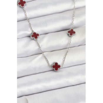 316L Çelik Zincir Gümüş Renk Bordo Baby Boy Yonca Kadın Kolye - TJ-BKO10577