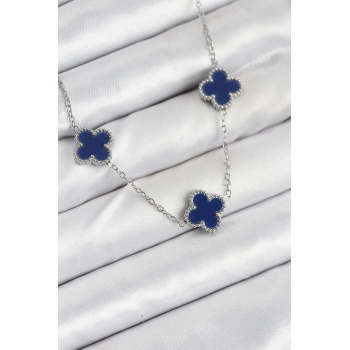 316L Çelik Zincir Gümüş Lacivert Renk Yonca Kadın Kolye - TJ-BKO10587