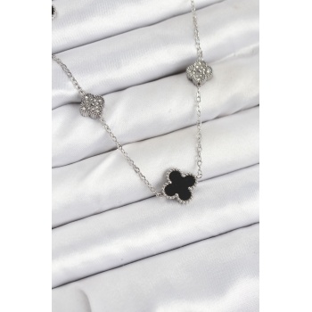 316L Çelik Zincir Gümüş Renk Siyah ve Zirkon Taşlı Yonca Kadın Kolye - TJ-BKO10589