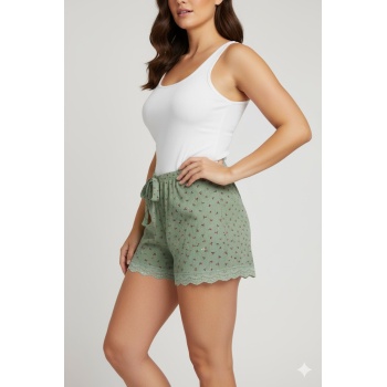 Düz Renk Mini Çiçek Desenli Penye Kadın Ev Şortu Bacak Dantel Detaylı Ev Giyim Yeşil