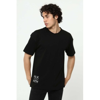 Walk By Faith Baskılı Siyah Erkek Oversize T-Shirt