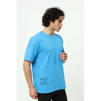 Walk By Faith Baskılı Mavi Erkek Oversize T-Shirt