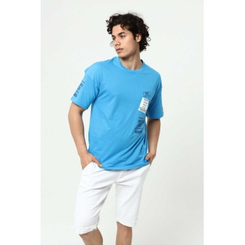 Mavi Ön ve Kol Baskılı Erkek Oversize Kısa Kollu T-Shirt