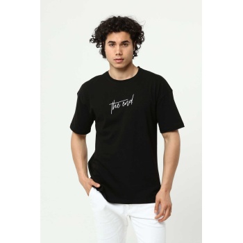Siyah The End Nakış 3 Boyut Baskılı Erkek Oversize T-Shirt