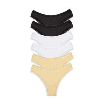 6 Adet Kadın Mikro Bikini Külot İnce Lastik FırFır Kenarlı Yumuşak Doku İç Giyim Siyah Beyaz Ten